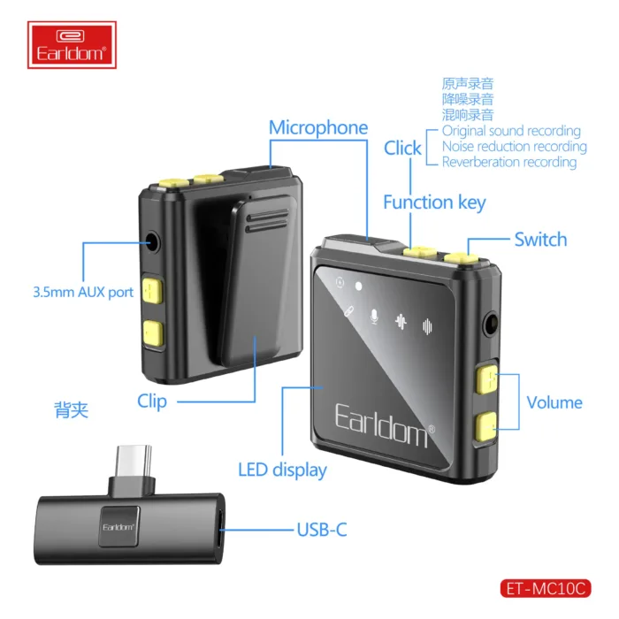 میکروفن یقه ای بی سیم دوتایی تایپ سی Earldom MC10C - تصویر 4