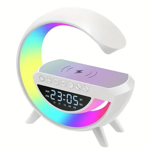 اسپیکر بلوتوثی G شکل چند منظوره با قابلیت شارژ بی سیم گوشی، ساعت دیجیتال و چراغ زیبا RGB مدل BT-3401