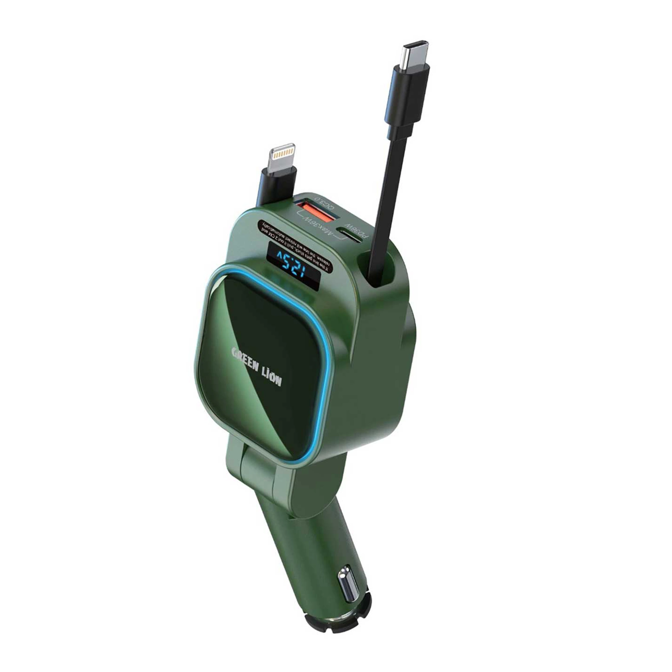 شارژر فندکی گرین لاین 96 وات CC4 با کابل جمع‌شونده تایپ سی و لایتنینگ